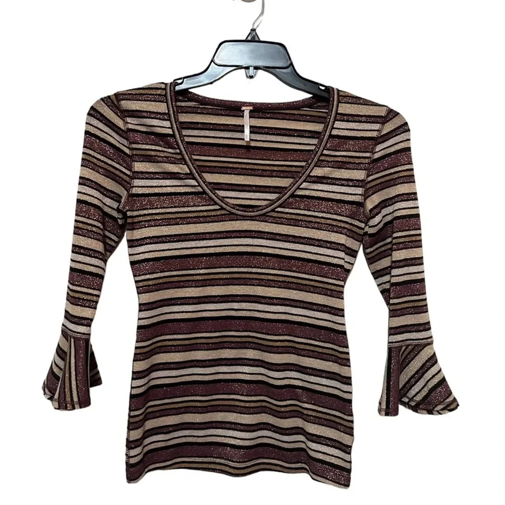 Free People Bell Sleeve Metallic Striped Shirt Top Earth Tones Women’s S